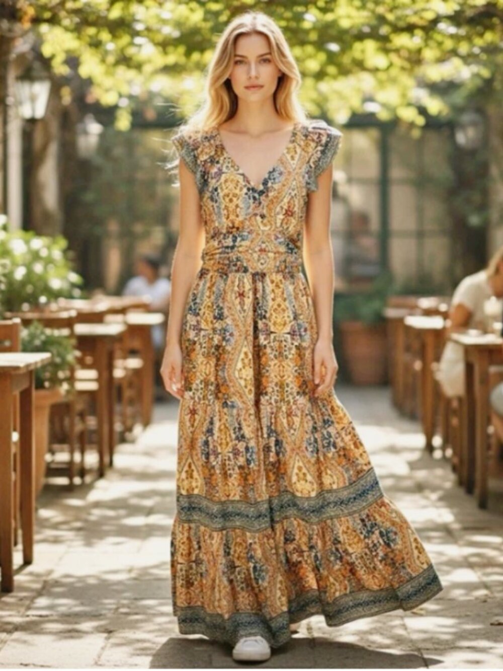 Caroline Constas Tiered Smocked Pockets Cotton Cottagecore Boho Maxi Dress sz XL